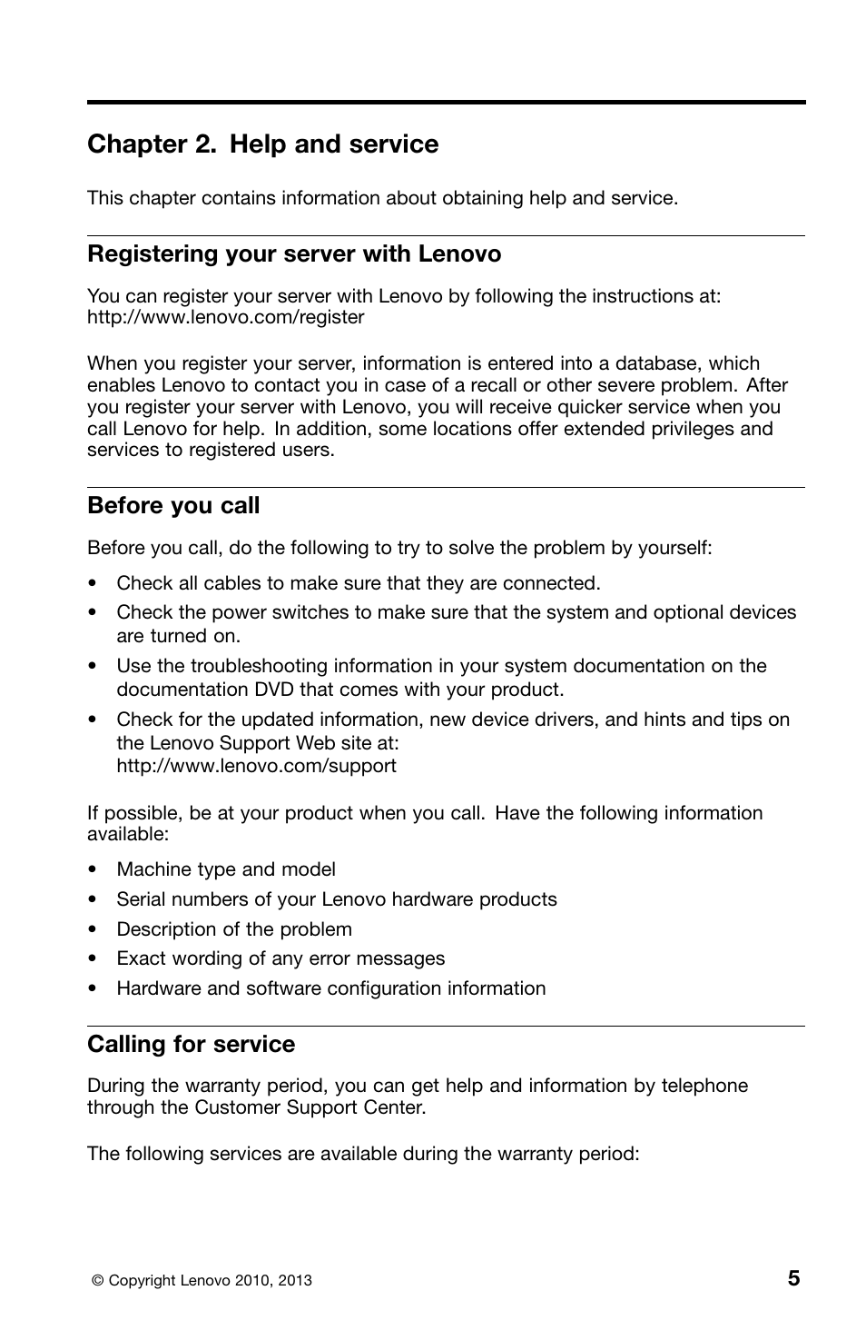 Chapter 2. help and service, Registering your server with lenovo, Before you call | Calling for service | Lenovo ThinkServer RD240 User Manual | Page 13 / 36