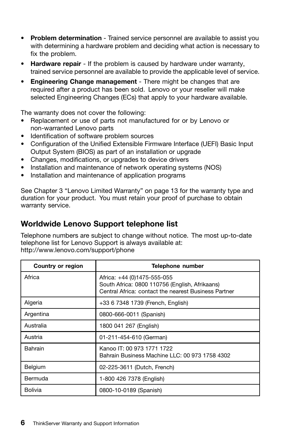 Worldwide lenovo support telephone list | Lenovo ThinkServer RD240 User Manual | Page 14 / 36