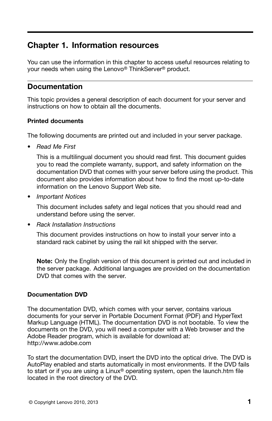 Chapter 1. information resources, Documentation | Lenovo ThinkServer RD240 User Manual | Page 9 / 36