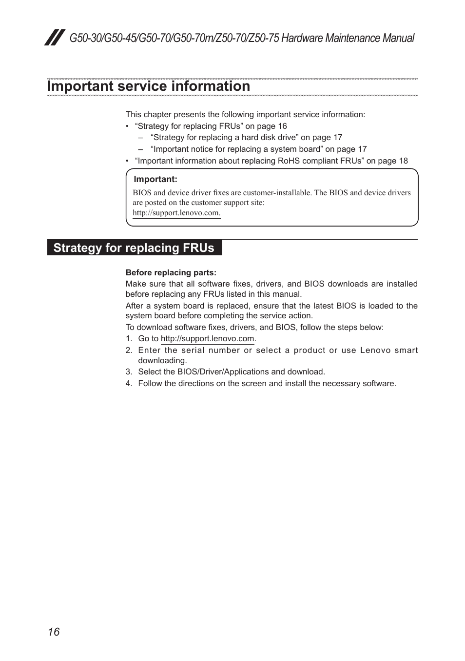 Important service information, Strategy for replacing frus | Lenovo G50-45 Notebook Lenovo User Manual | Page 20 / 93