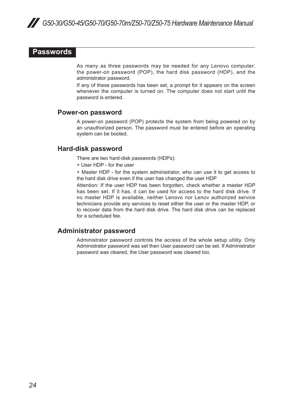 Passwords, Power-on password, Hard-disk password | Administrator password | Lenovo G50-45 Notebook Lenovo User Manual | Page 28 / 93