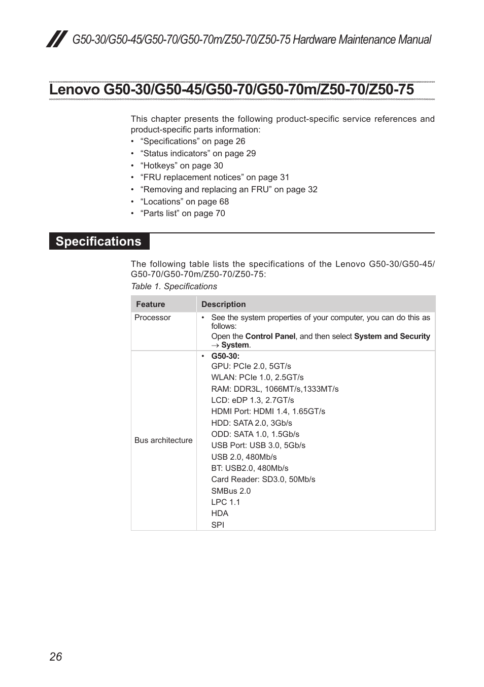 Lenovo g50-30/g50-45/g50-70/g50-70m/z50-70, Specifications, Lenovo g50-30/g50-45/g50-70 | G50-70m/z50-70/z50-75, Lenovo g50-30/g50-45/g50-70/g50-70m | Lenovo G50-45 Notebook Lenovo User Manual | Page 30 / 93