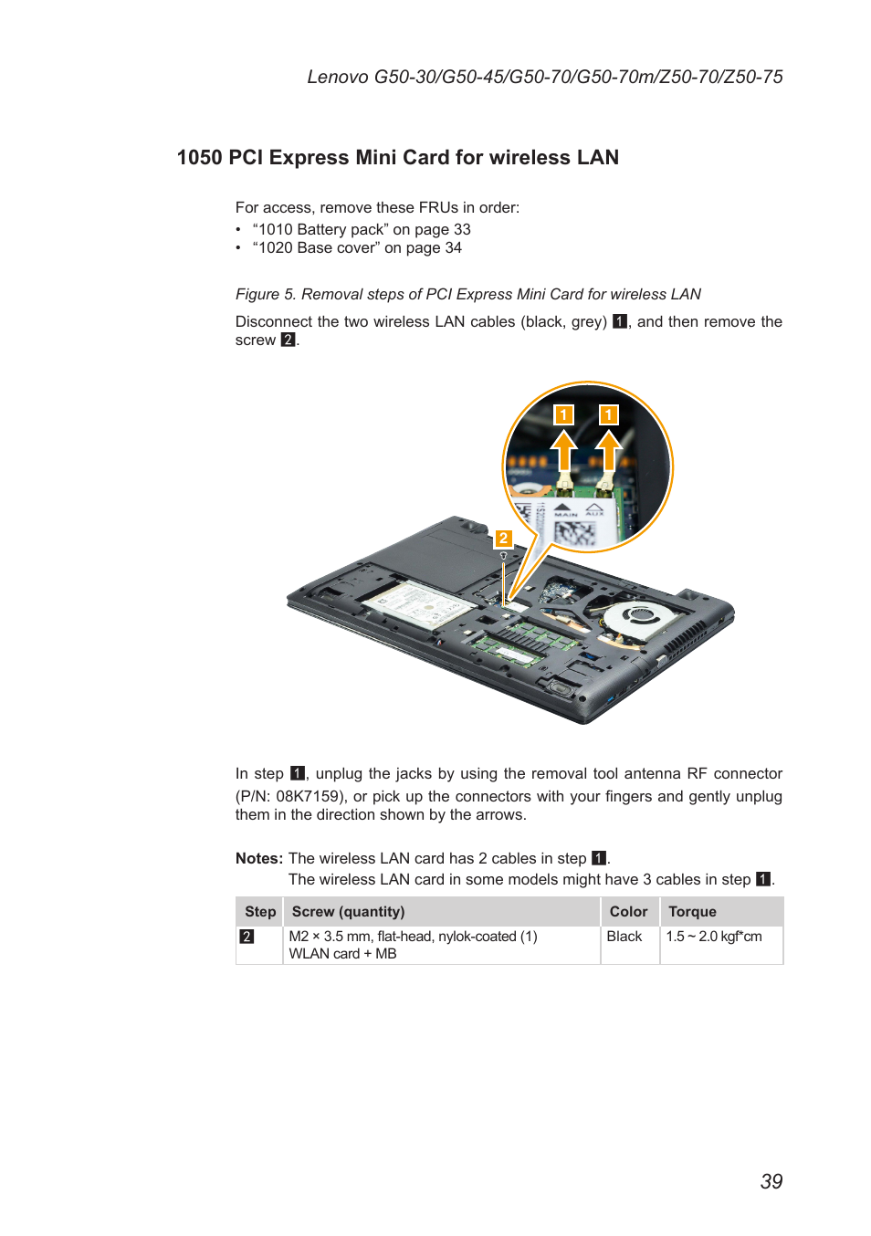 1050 pci express mini card for wireless lan | Lenovo G50-45 Notebook Lenovo User Manual | Page 43 / 93