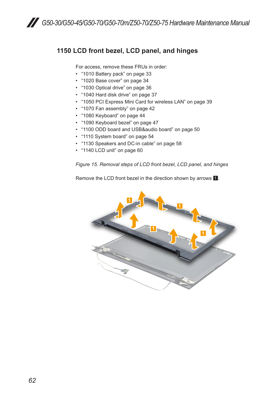 1150 lcd front bezel, lcd panel, and hinges | Lenovo G50-45 Notebook Lenovo User Manual | Page 66 / 93