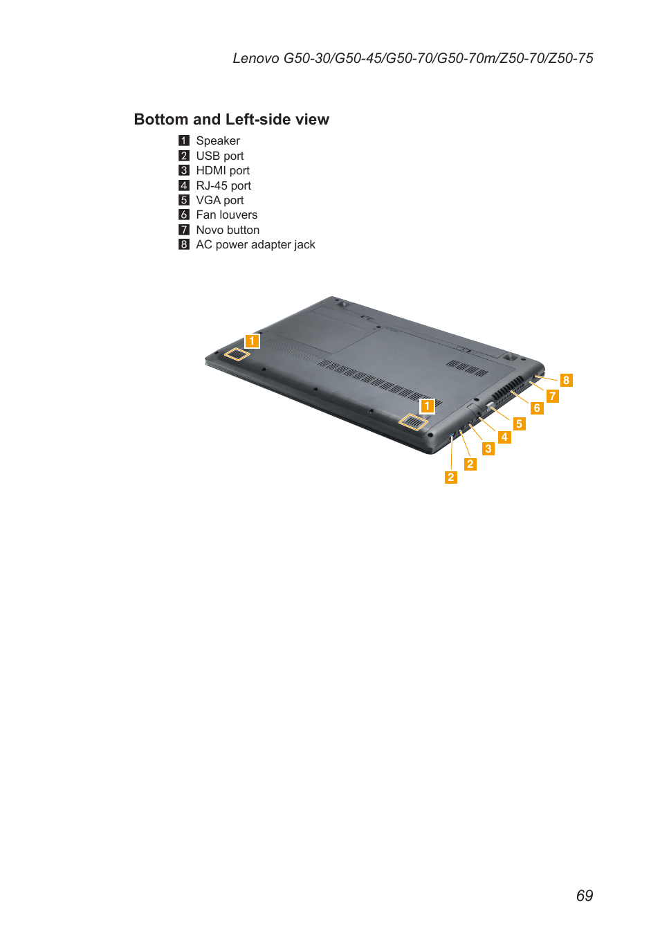 Bottom and left-side view | Lenovo G50-45 Notebook Lenovo User Manual | Page 73 / 93