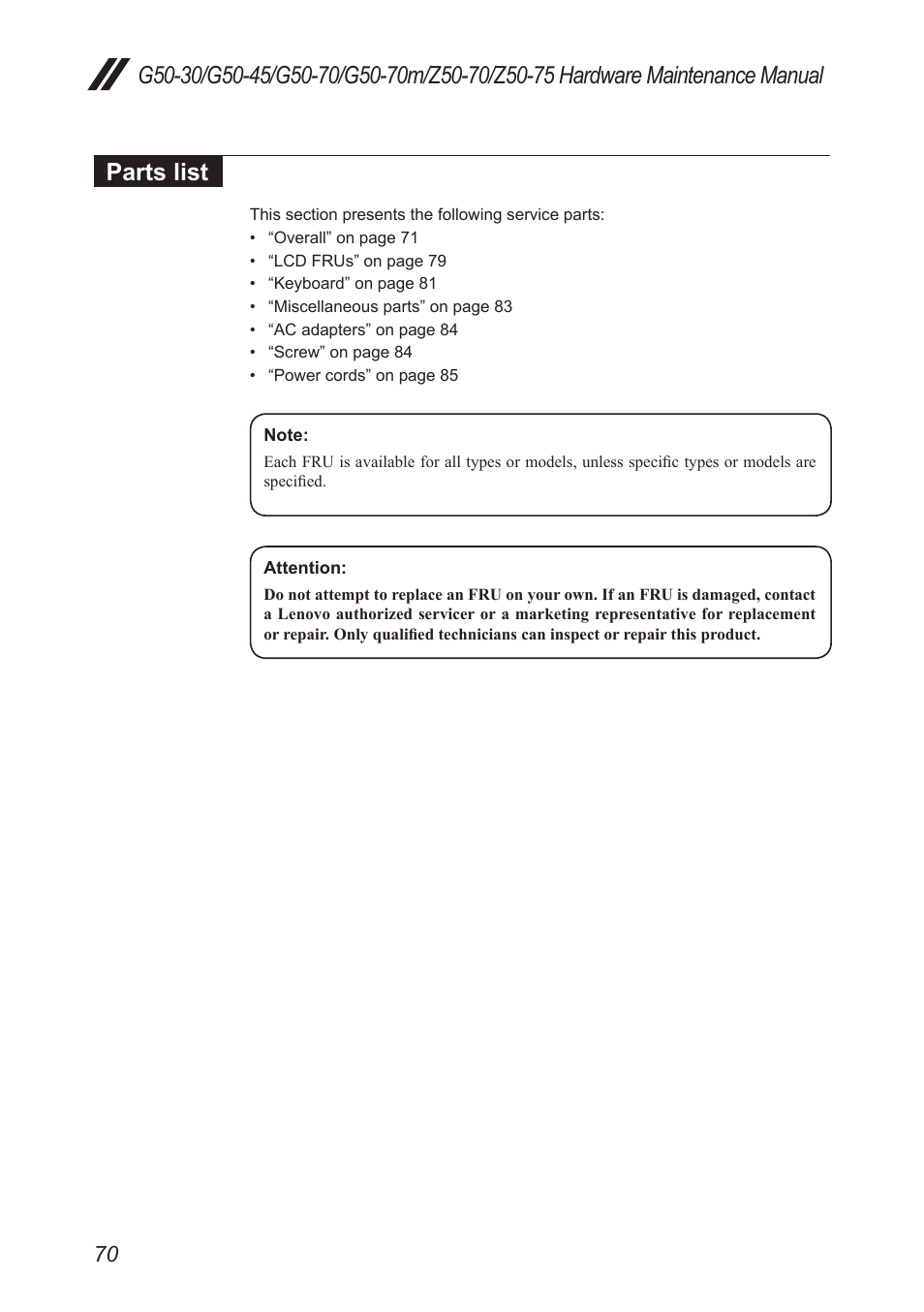 Parts list | Lenovo G50-45 Notebook Lenovo User Manual | Page 74 / 93