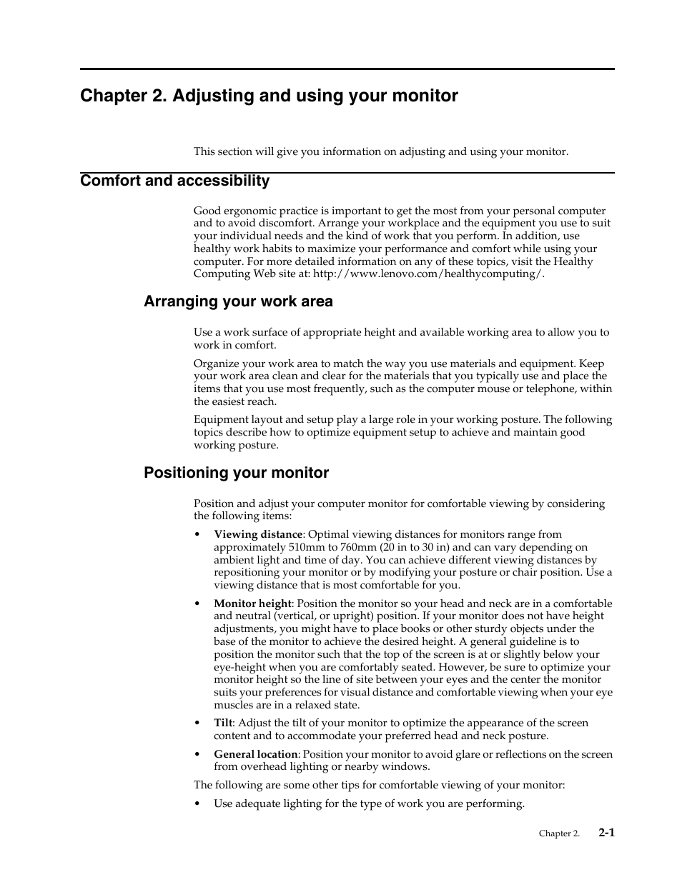 Chapter 2. adjusting and using your monitor, Comfort and accessibility, Arranging your work area | Positioning your monitor, Chapter 2, Adjus, Comfort and accessibility -1, Arranging your work area -1, Positioning your monitor -1 | Lenovo ThinkVision LT2252p wide 22in LED Monitor User Manual | Page 14 / 38