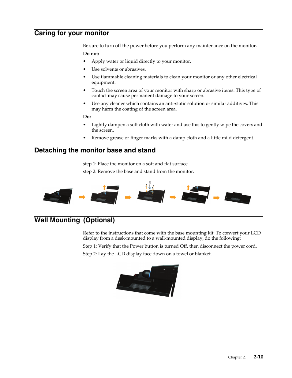 Caring for your monitor, Detaching the monitor base and stand, Wall mounting (optional) | Caring for your monitor -10, Detaching the monitor base and stand -10, Wall mounting | Lenovo ThinkVision LT2252p wide 22in LED Monitor User Manual | Page 23 / 38