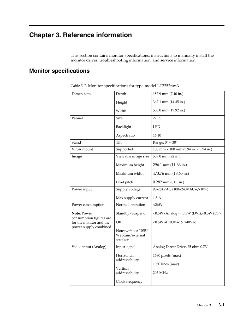 Chapter 3. reference information, Monitor specifications, Chapter 3 | Refe, Monitor specifications -1 | Lenovo ThinkVision LT2252p wide 22in LED Monitor User Manual | Page 25 / 38