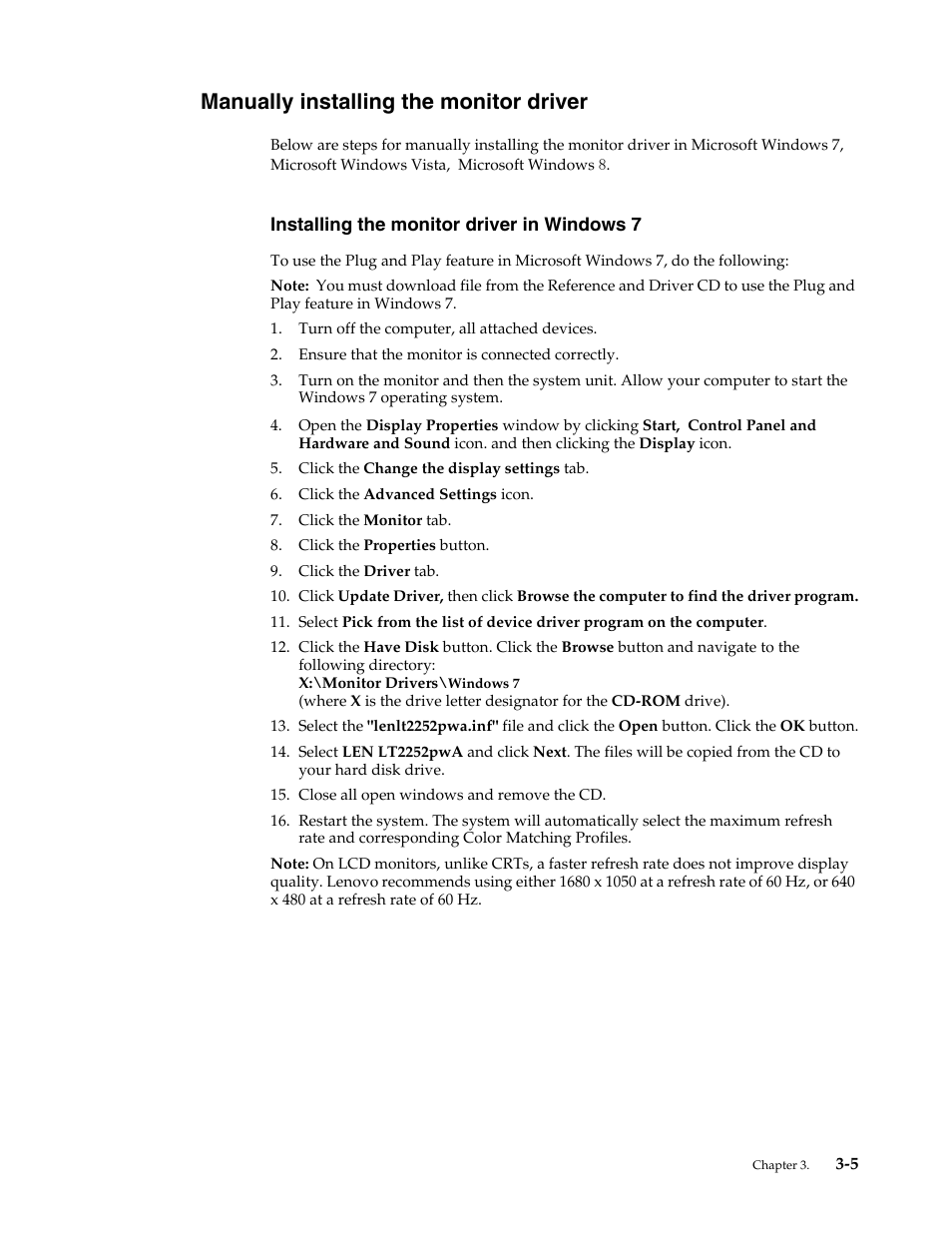 Manually installing the monitor driver, Installing the monitor driver in windows 7, Manually installing the monitor driver -5 | Installing the monitor driver in windows 7 -5 | Lenovo ThinkVision LT2252p wide 22in LED Monitor User Manual | Page 29 / 38