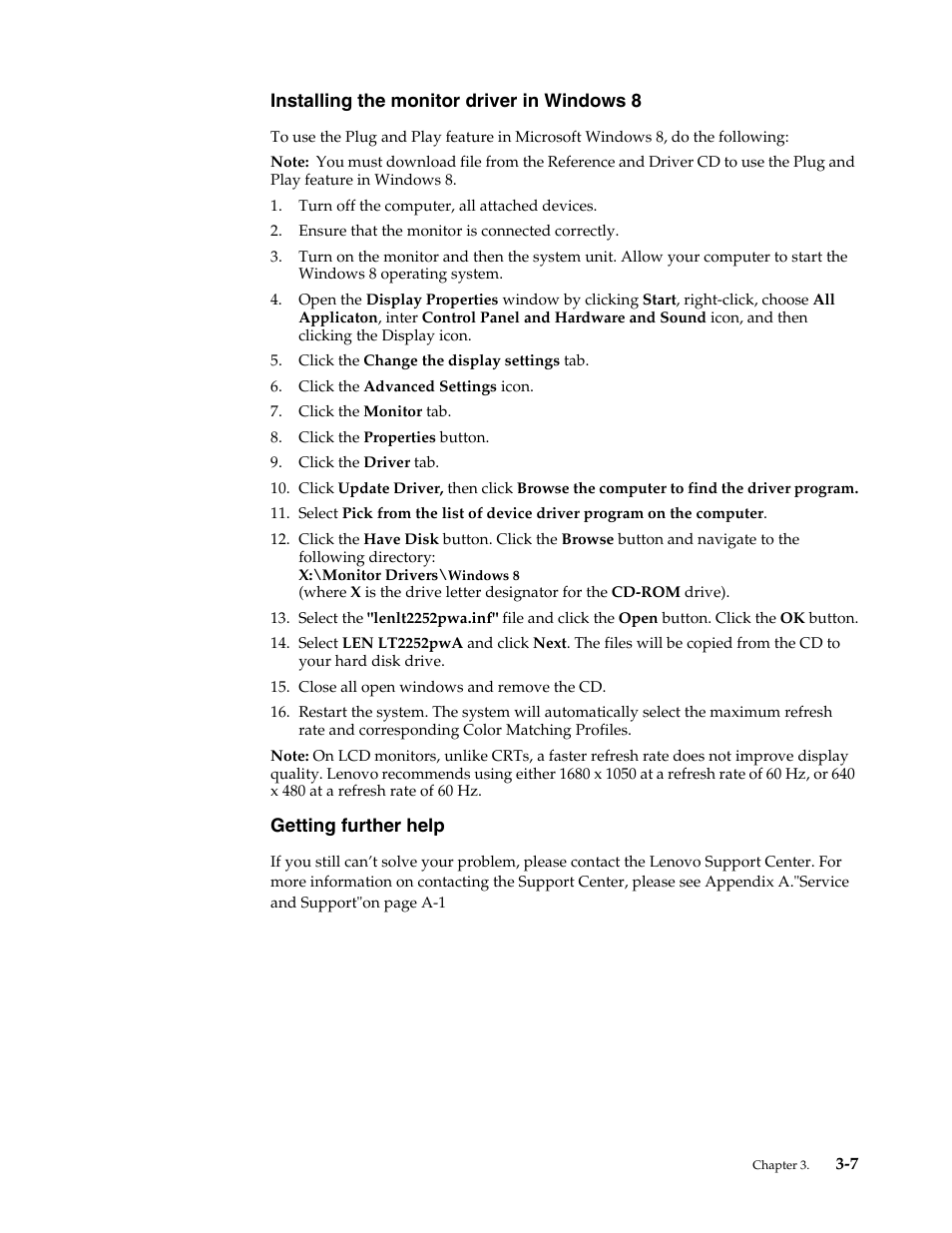 Installing the monitor driver in windows 8, Getting further help, Installing the monitor driver in windows 8 -7 | Getting further help -7 | Lenovo ThinkVision LT2252p wide 22in LED Monitor User Manual | Page 31 / 38