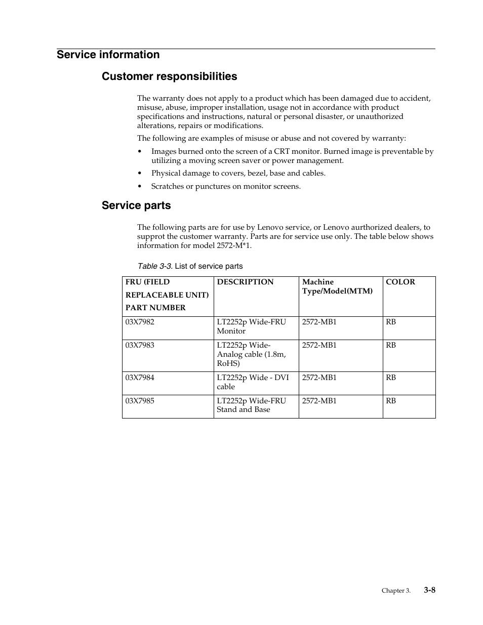 Service information, Customer responsibilities, Service parts | Service information -8, Customer responsibilities -8, Service parts -8, Service information customer responsibilities | Lenovo ThinkVision LT2252p wide 22in LED Monitor User Manual | Page 32 / 38