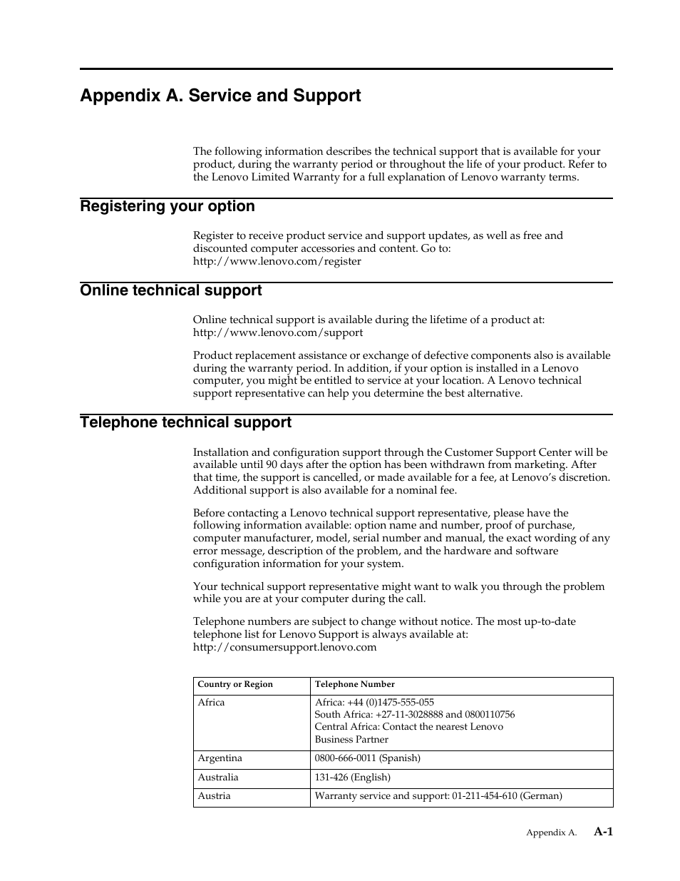 Appendix a. service and support, Appendix a, Appendix a."service | Registering your option, Online technical support, Telephone technical support | Lenovo ThinkVision LT2252p wide 22in LED Monitor User Manual | Page 33 / 38