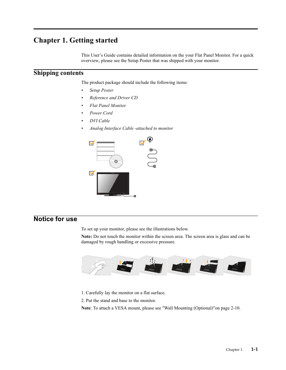 Chapter 1. getting started, Shipping contents, Notice for use | Chapter 1. getting, Shipping contents -1, Notice for use -1 | Lenovo ThinkVision LT2252p wide 22in LED Monitor User Manual | Page 5 / 38