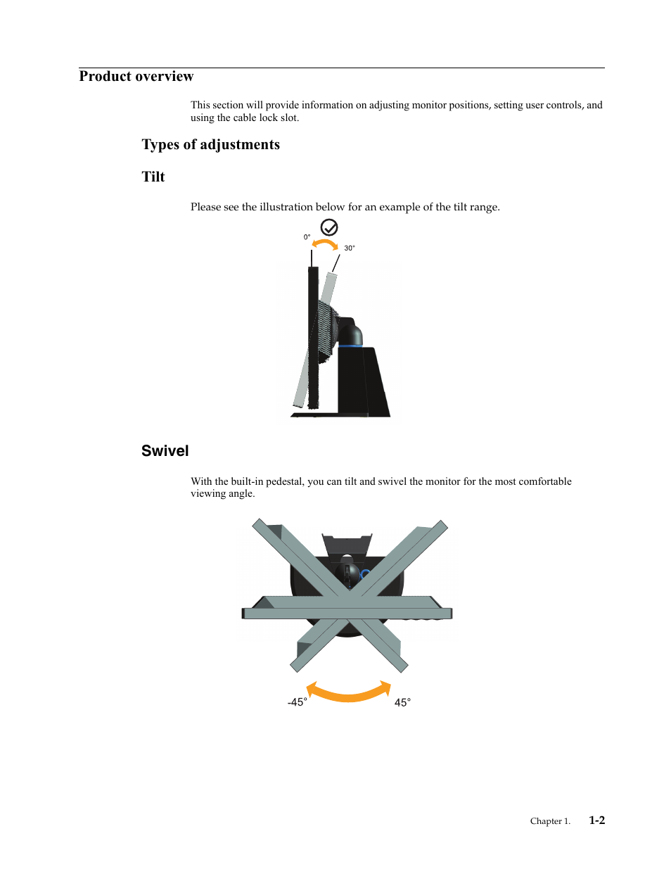 Product overview, Types of adjustments, Tilt | Swivel, Product overview -2, Types of adjustments -2, Tilt -2, Swivel -2, Types of adjustments tilt | Lenovo ThinkVision LT2252p wide 22in LED Monitor User Manual | Page 6 / 38
