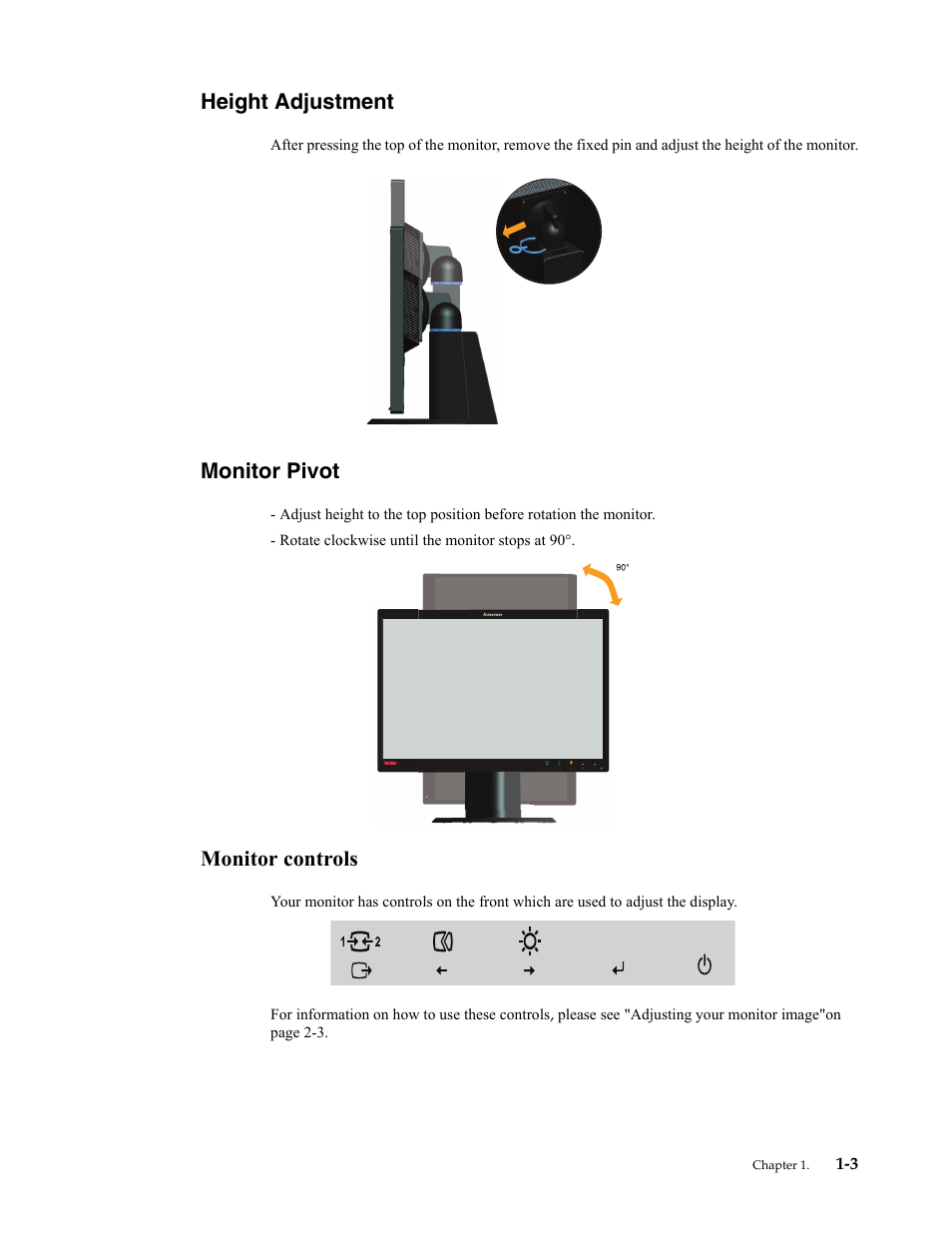 Height adjustment, Monitor pivot, Monitor controls | Height adjustment -3, Monitor pivot -3, Monitor controls -3 | Lenovo ThinkVision LT2252p wide 22in LED Monitor User Manual | Page 7 / 38