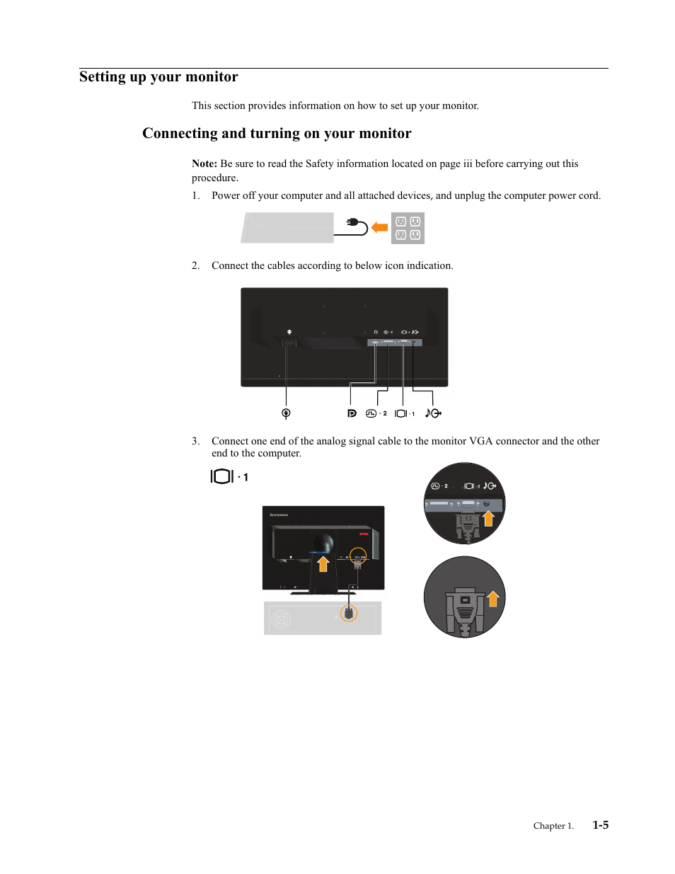 Setting up your monitor, Connecting and turning on your monitor, Setting up your monitor -5 | Connecting and turning on your monitor -5 | Lenovo ThinkVision LT2252p wide 22in LED Monitor User Manual | Page 9 / 38