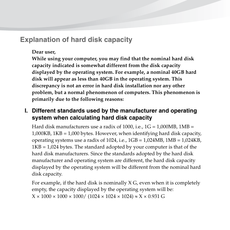 Explanation of hard disk capacity | Lenovo IdeaPad S10-3s User Manual | Page 4 / 130