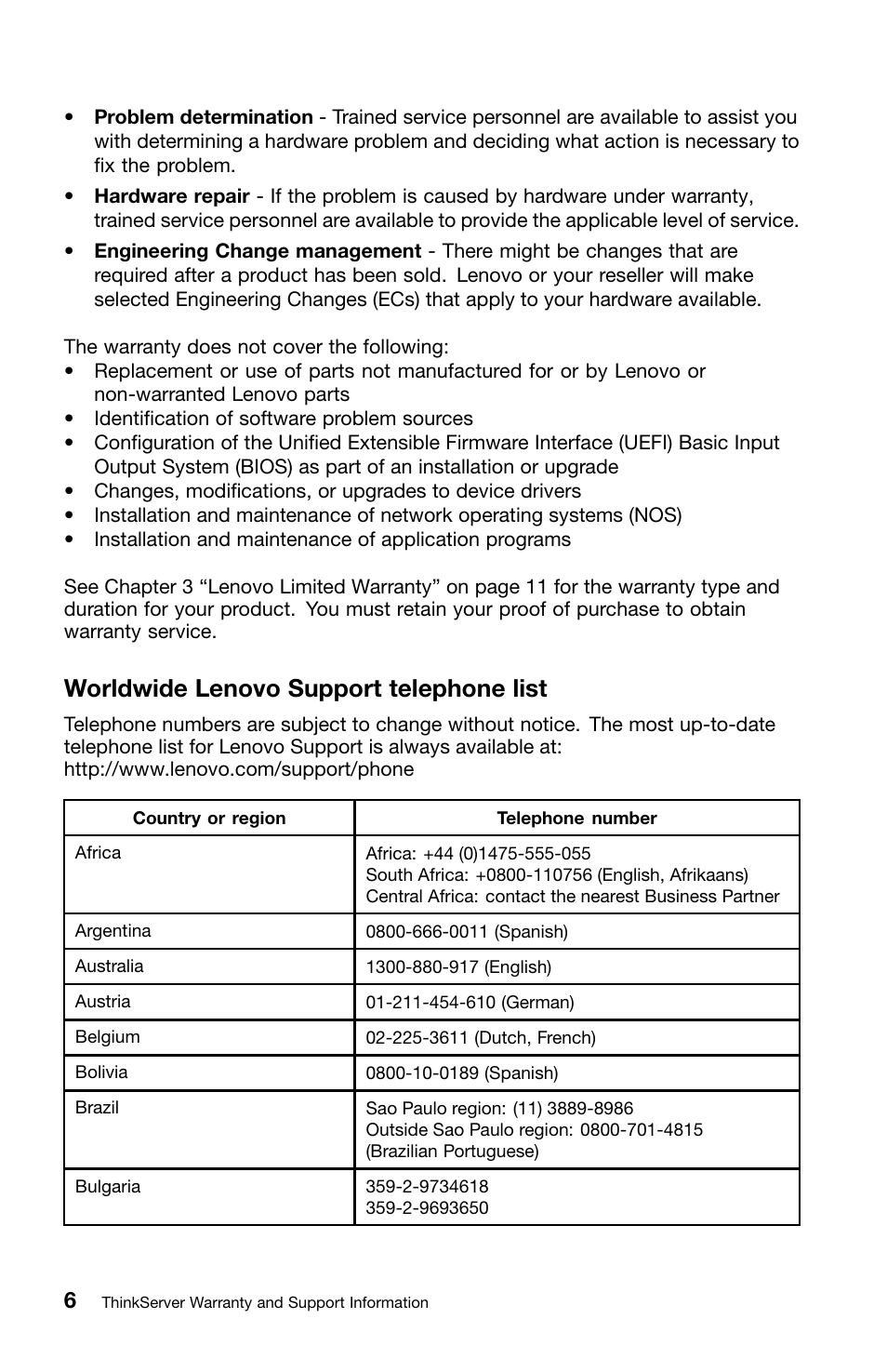 Worldwide lenovo support telephone list | Lenovo ThinkServer TS130 User Manual | Page 14 / 36