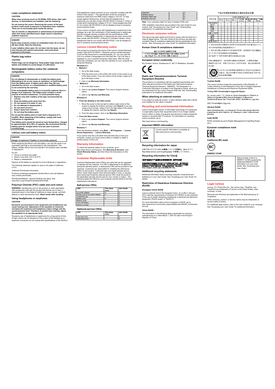 22bplastic bag notice, 24blithium coin-cell battery notice, 25bpolyvinyl chloride (pvc) cable and cord notice | 26busing headphones or earphones, 8blenovo limited warranty notice, 9bwarranty information, 27b10bcustomer replaceable units, 29bself-service crus, 30boptional-service crus, 11belectronic emission notices | Lenovo ThinkPad T440p User Manual | Page 2 / 2