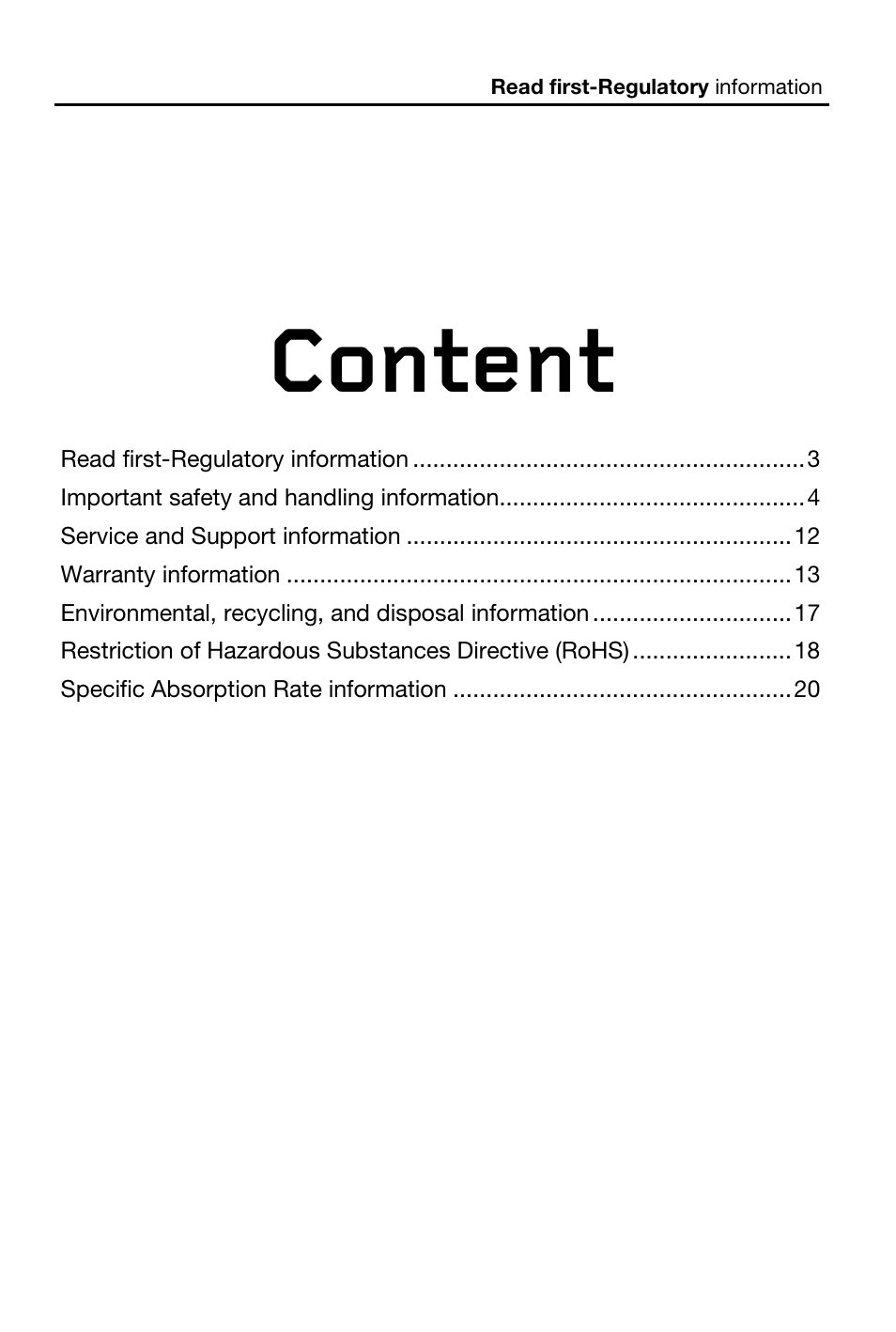 Content | Lenovo A269i Smartphone User Manual | Page 2 / 21