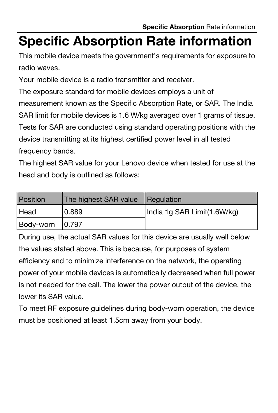 Specific absorption rate information | Lenovo A269i Smartphone User Manual | Page 20 / 21