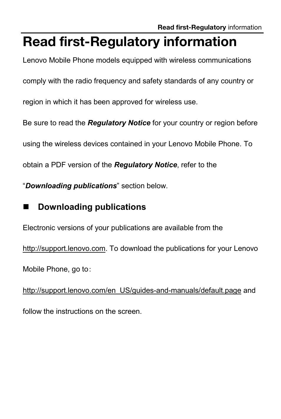 Read first-regulatory information | Lenovo A269i Smartphone User Manual | Page 3 / 21