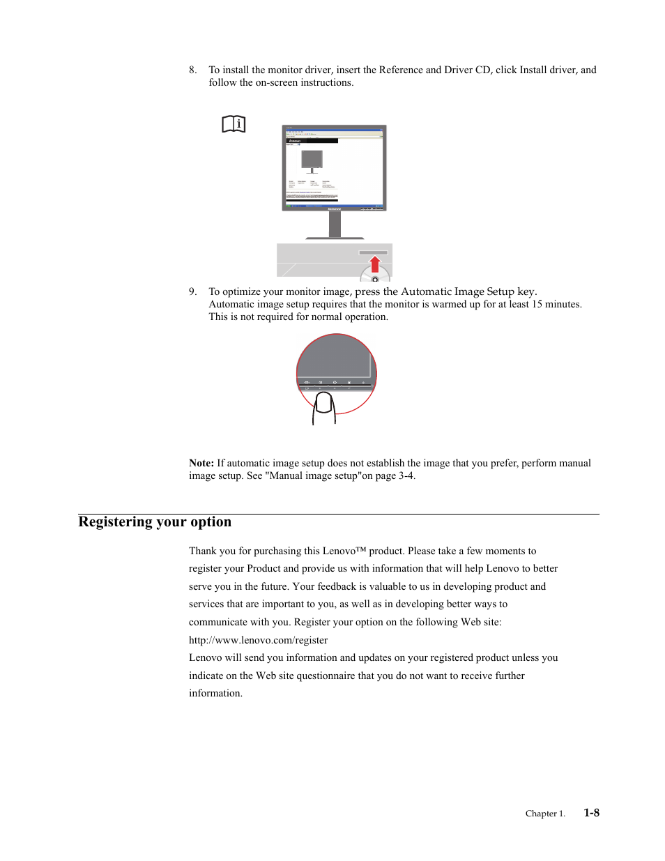 Registering your option, Registering your option -8 | Lenovo ThinkVision LT1913p 19-inch Square IPS WLED Backlit LCD Monitor User Manual | Page 12 / 37