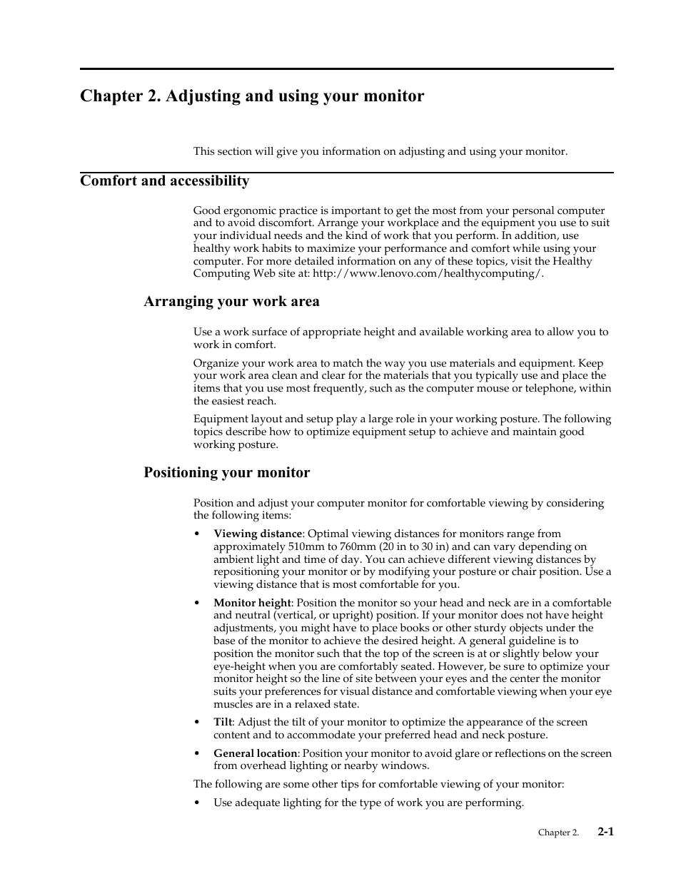 Chapter 2. adjusting and using your monitor, Comfort and accessibility, Arranging your work area | Positioning your monitor, Comfort and accessibility -1, Arranging your work area -1, Positioning your monitor -1 | Lenovo ThinkVision LT1913p 19-inch Square IPS WLED Backlit LCD Monitor User Manual | Page 13 / 37