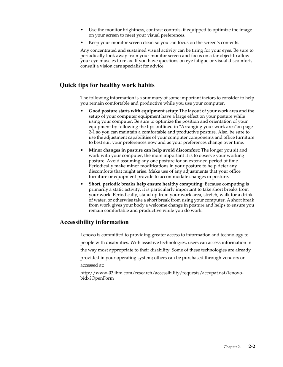 Quick tips for healthy work habits, Accessibility information, Quick tips for healthy work habits -2 | Accessibility information -2 | Lenovo ThinkVision LT1913p 19-inch Square IPS WLED Backlit LCD Monitor User Manual | Page 14 / 37