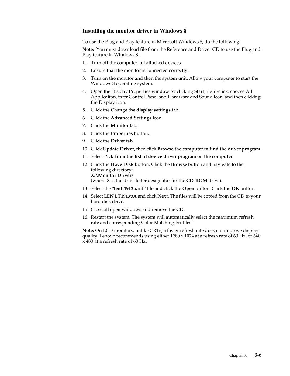 Installing the monitor driver in windows 8, Installing the monitor driver in windows 8 -6 | Lenovo ThinkVision LT1913p 19-inch Square IPS WLED Backlit LCD Monitor User Manual | Page 29 / 37