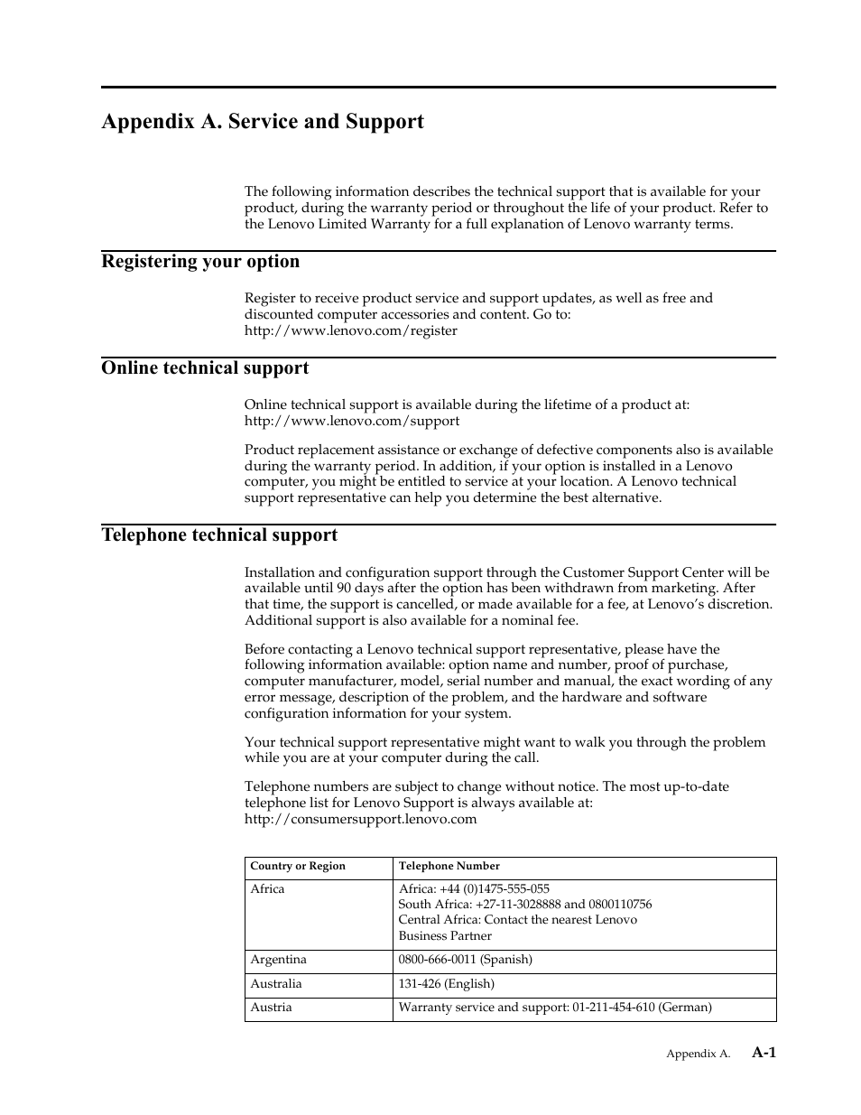 Appendix a. service and support, Appendix a."service, Registering your option | Online technical support, Telephone technical support | Lenovo ThinkVision LT1913p 19-inch Square IPS WLED Backlit LCD Monitor User Manual | Page 32 / 37