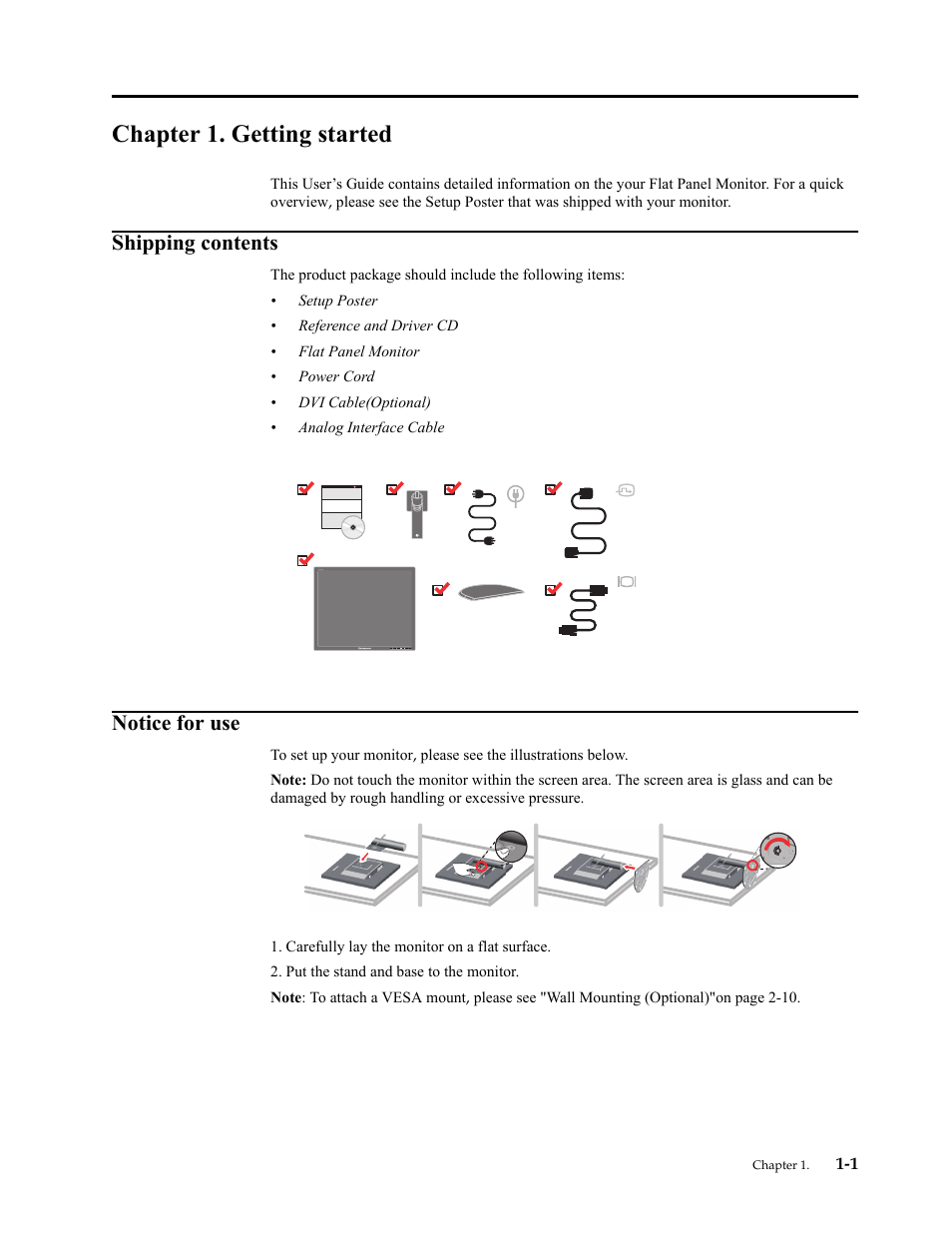 Chapter 1. getting started, Shipping contents, Notice for use | Shipping contents -1, Notice for use -1 | Lenovo ThinkVision LT1913p 19-inch Square IPS WLED Backlit LCD Monitor User Manual | Page 5 / 37