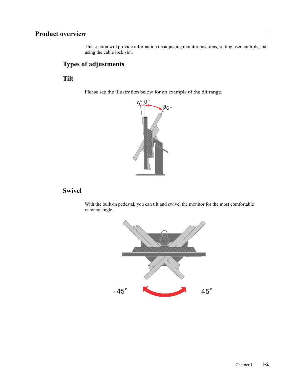 Product overview, Types of adjustments, Tilt | Swivel, Product overview -2, Types of adjustments -2, Tilt -2, Swivel -2, Types of adjustments tilt | Lenovo ThinkVision LT1913p 19-inch Square IPS WLED Backlit LCD Monitor User Manual | Page 6 / 37