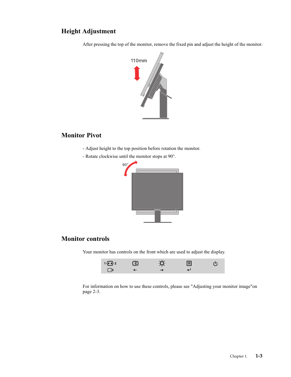Height adjustment, Monitor pivot, Monitor controls | Height adjustment -3, Monitor pivot -3, Monitor controls -3 | Lenovo ThinkVision LT1913p 19-inch Square IPS WLED Backlit LCD Monitor User Manual | Page 7 / 37