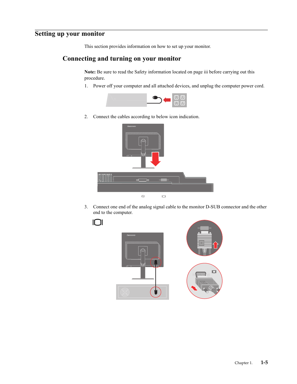Setting up your monitor, Connecting and turning on your monitor, Setting up your monitor -5 | Connecting and turning on your monitor -5 | Lenovo ThinkVision LT1913p 19-inch Square IPS WLED Backlit LCD Monitor User Manual | Page 9 / 37