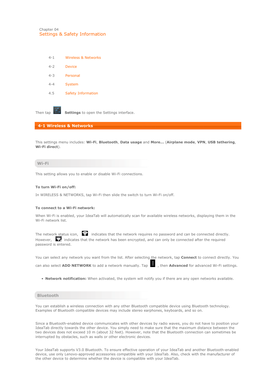 Settings & safety information | Lenovo A2109 Tablet User Manual | Page 14 / 23