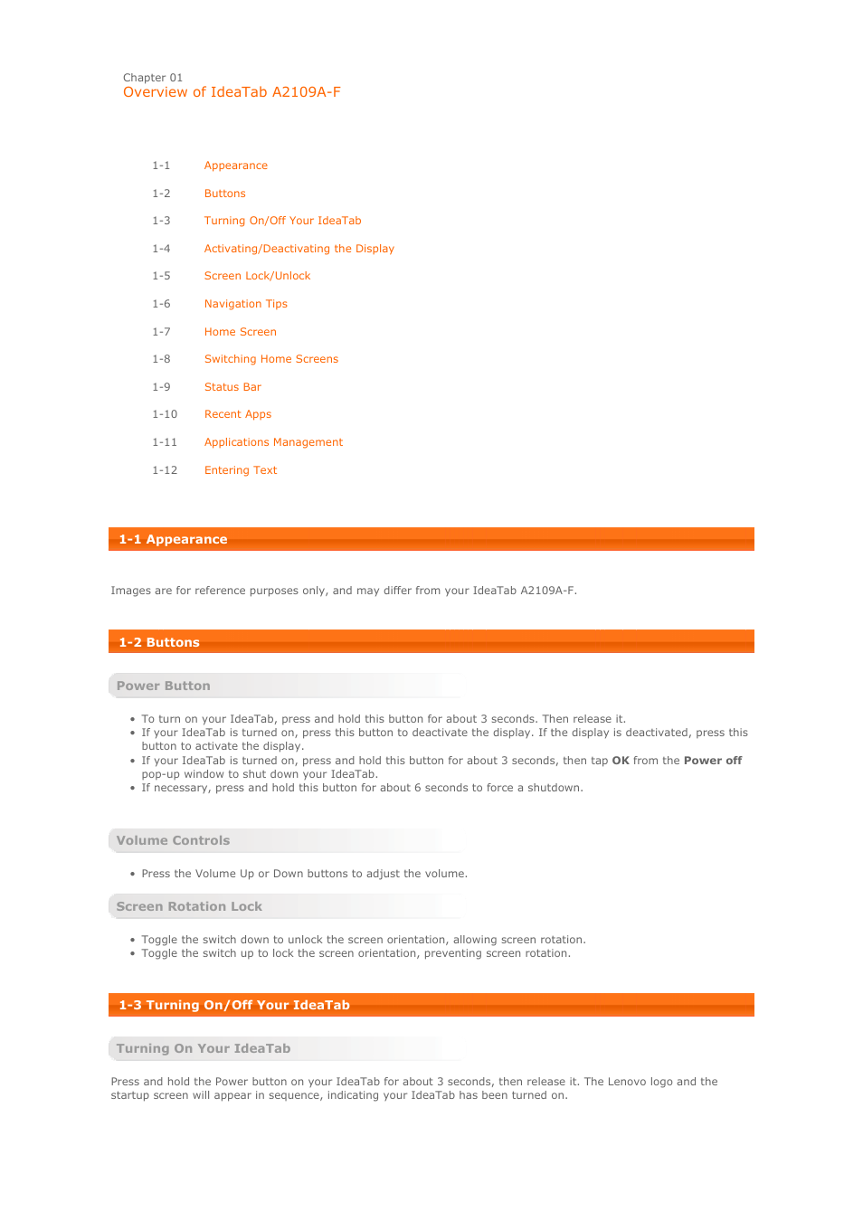 Overview of ideatab a2109a-f | Lenovo A2109 Tablet User Manual | Page 2 / 23