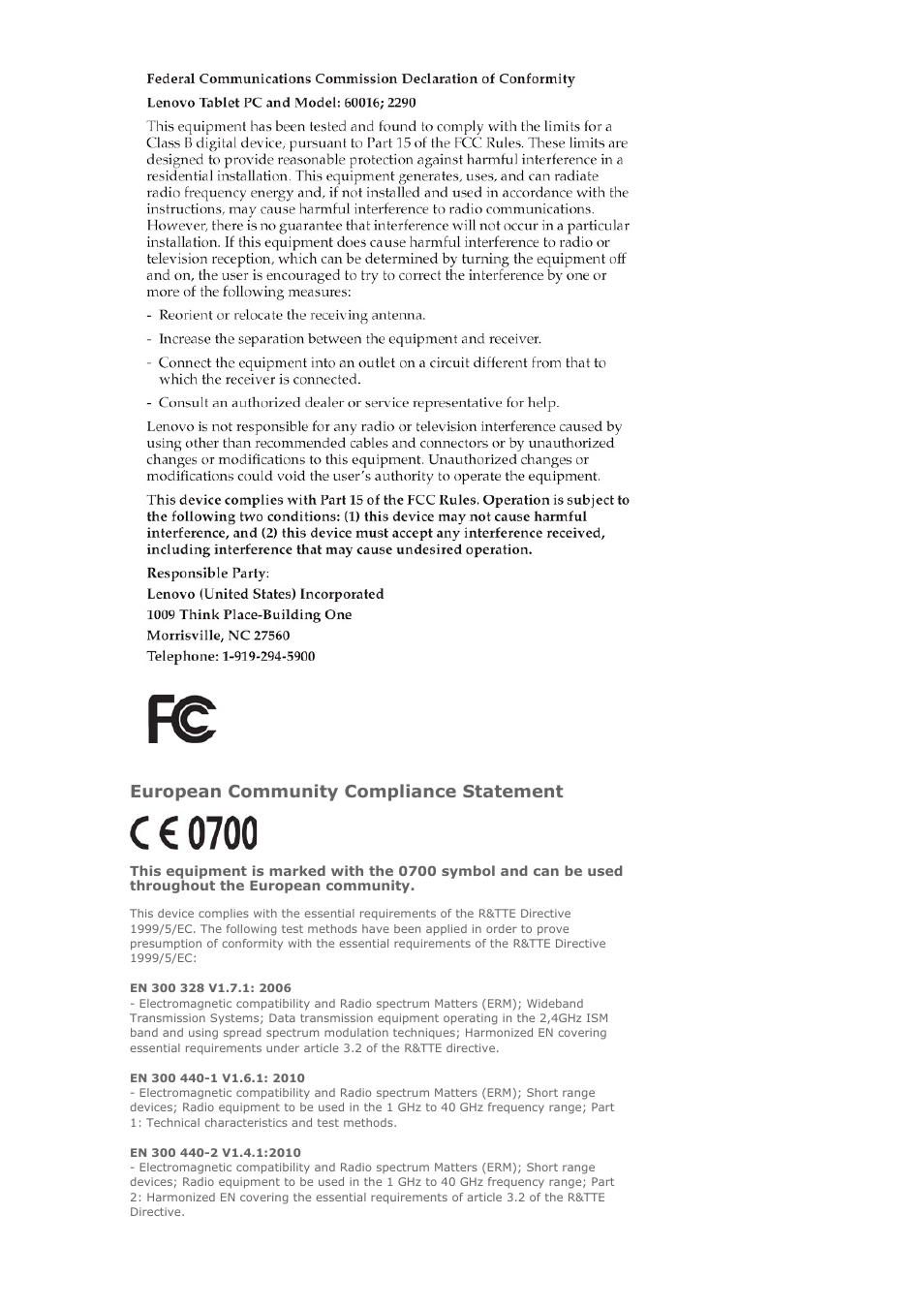 European community compliance statement | Lenovo A2109 Tablet User Manual | Page 20 / 23