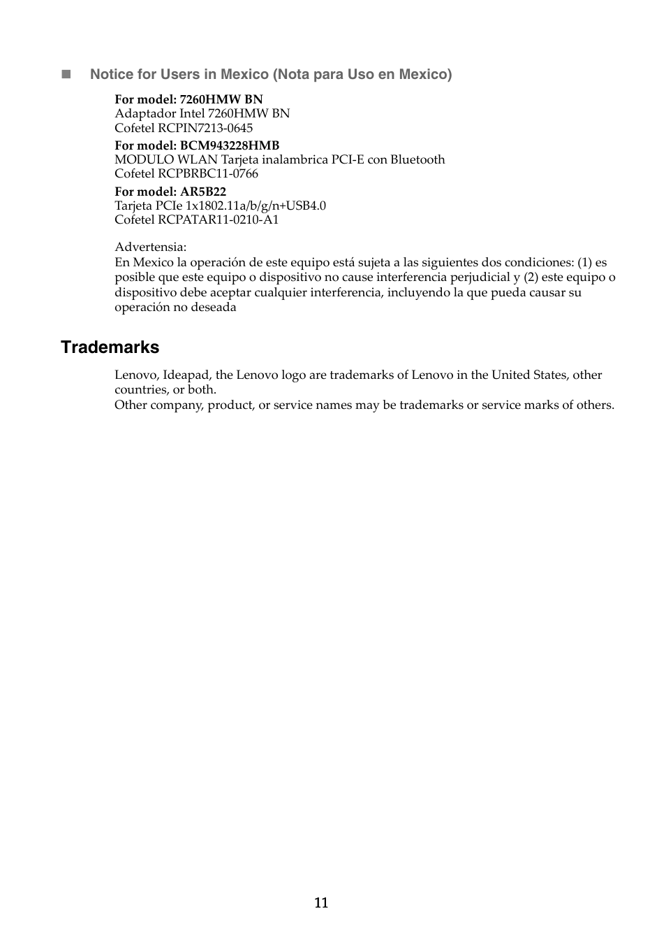 Trademarks | Lenovo IdeaPad U530 Touch Notebook User Manual | Page 12 / 13