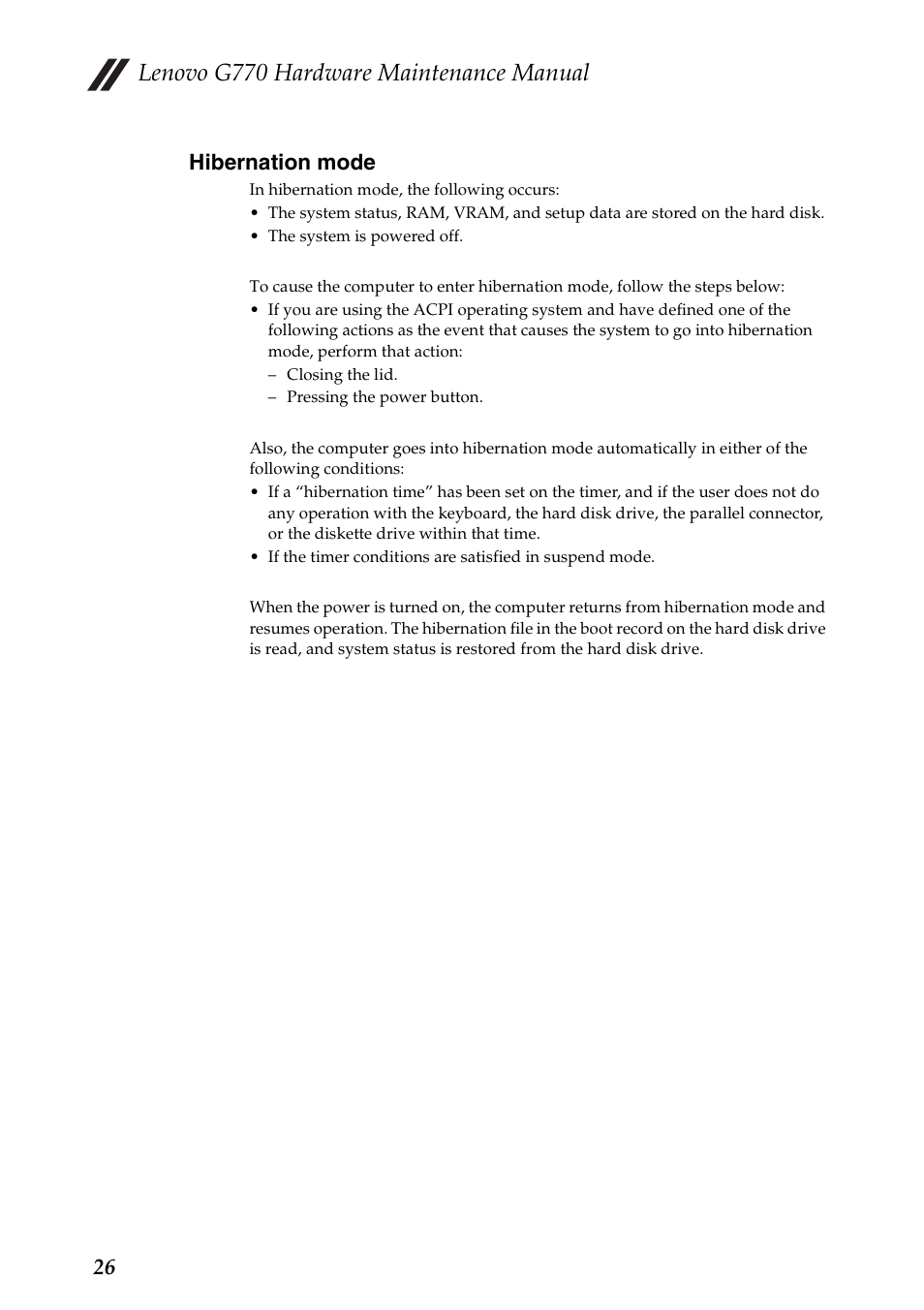 Hibernation mode, Lenovo g770 hardware maintenance manual, 26 hibernation mode | Lenovo G770 Notebook User Manual | Page 30 / 89