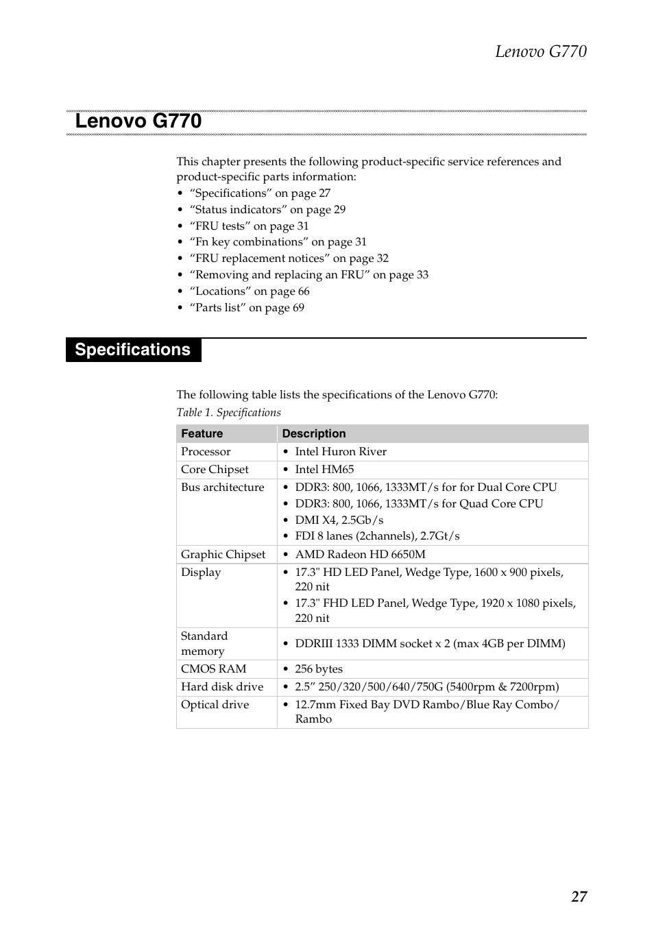 Lenovo g770, Specifications, Lenovo g770 specifications | Lenovo G770 Notebook User Manual | Page 31 / 89