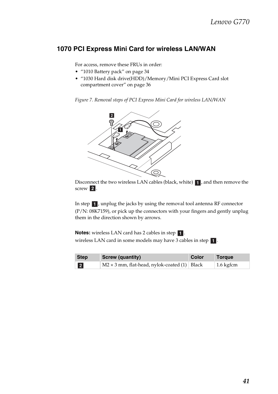 1070 pci express mini card for wireless lan/wan, Lenovo g770 | Lenovo G770 Notebook User Manual | Page 45 / 89