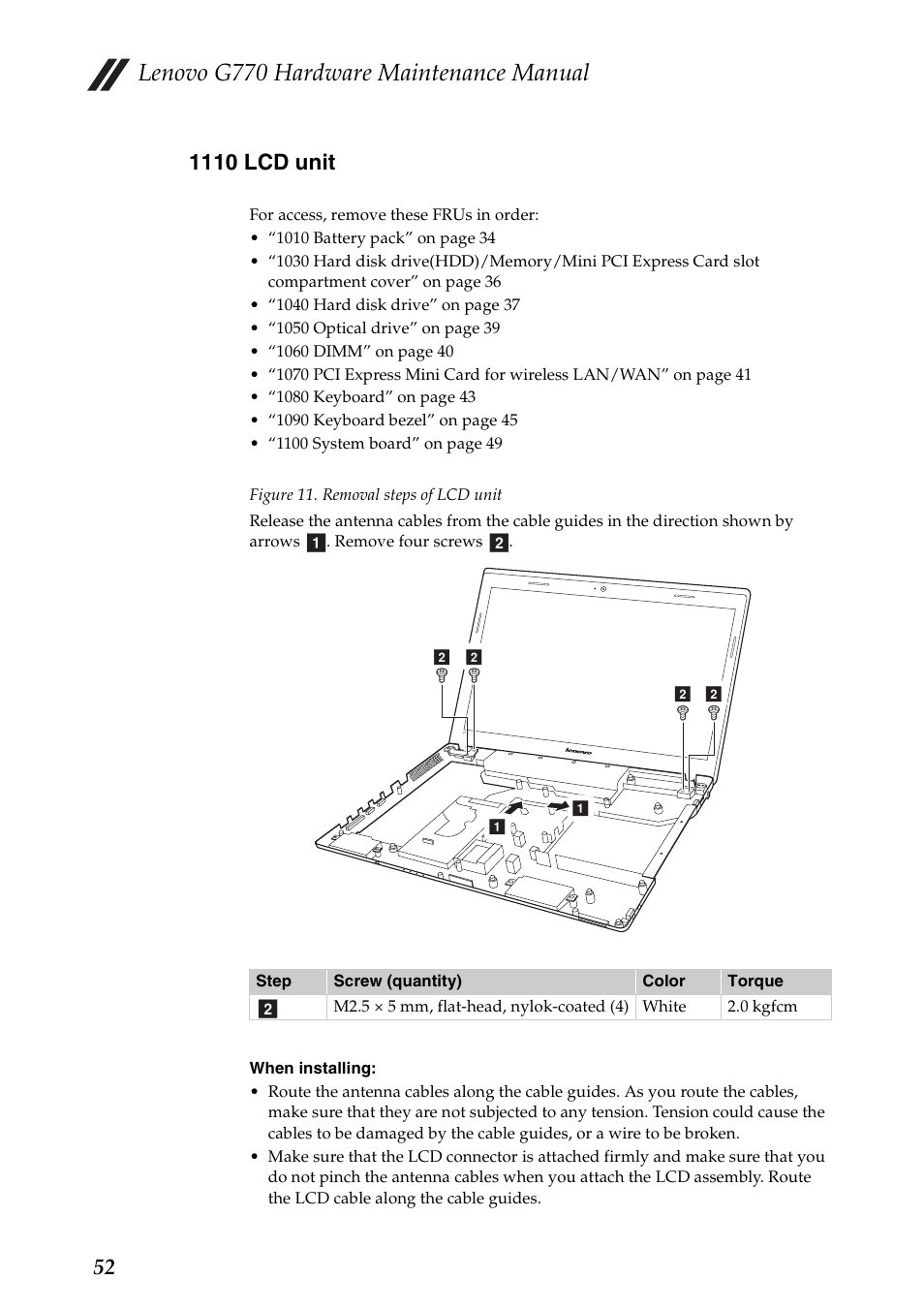 1110 lcd unit, Lenovo g770 hardware maintenance manual | Lenovo G770 Notebook User Manual | Page 56 / 89