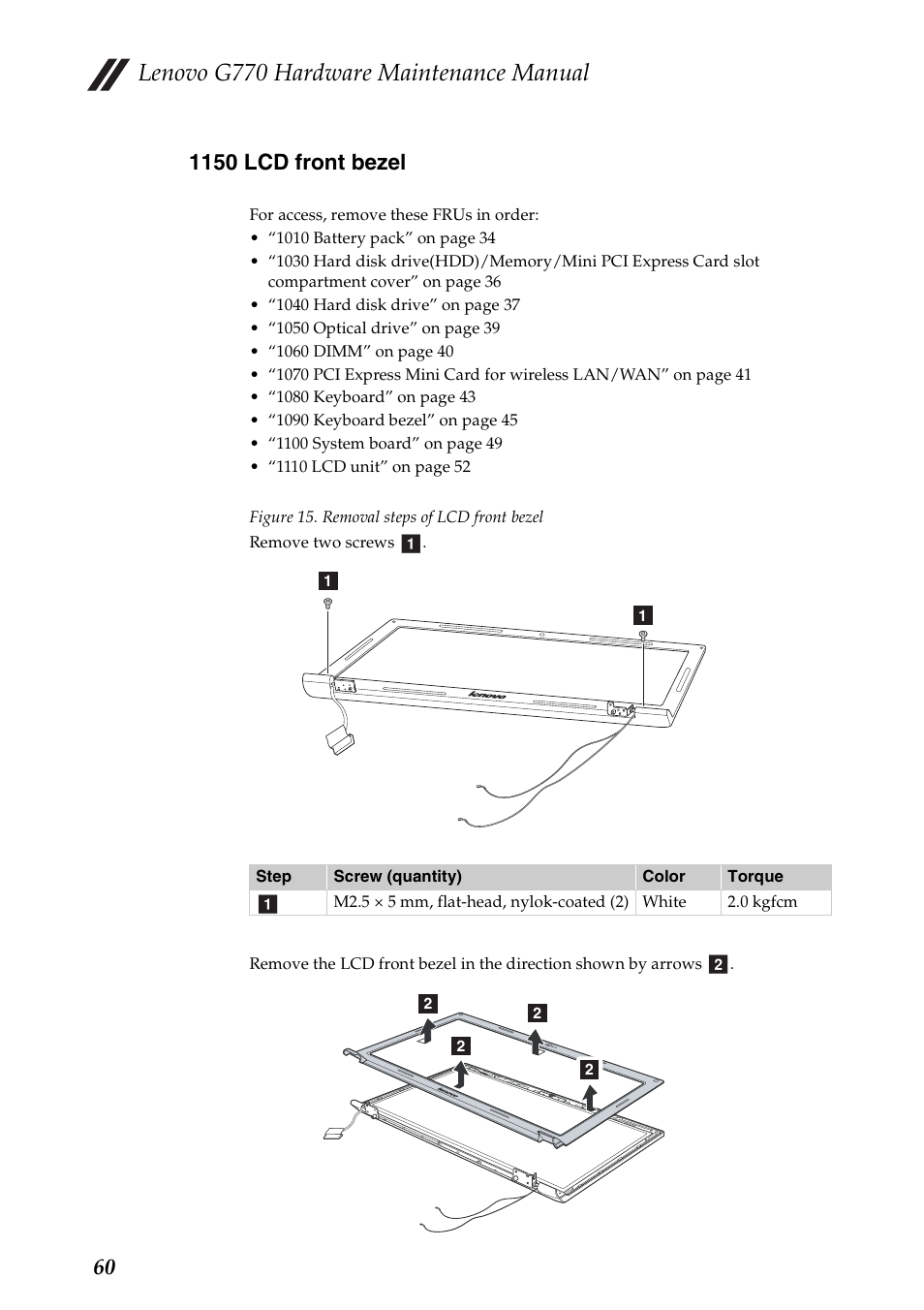 1150 lcd front bezel, Lenovo g770 hardware maintenance manual | Lenovo G770 Notebook User Manual | Page 64 / 89