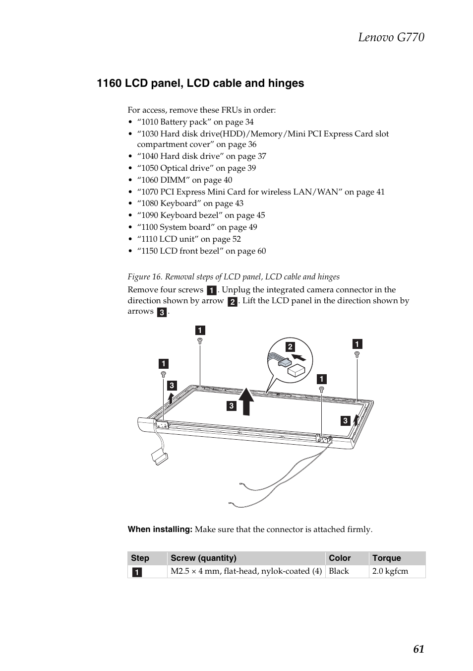 1160 lcd panel, lcd cable and hinges, Lenovo g770 | Lenovo G770 Notebook User Manual | Page 65 / 89