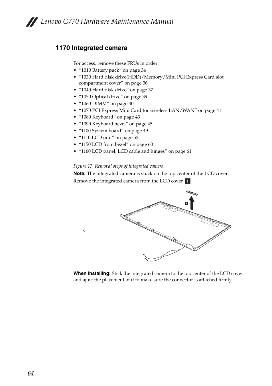 1170 integrated camera, Lenovo g770 hardware maintenance manual | Lenovo G770 Notebook User Manual | Page 68 / 89