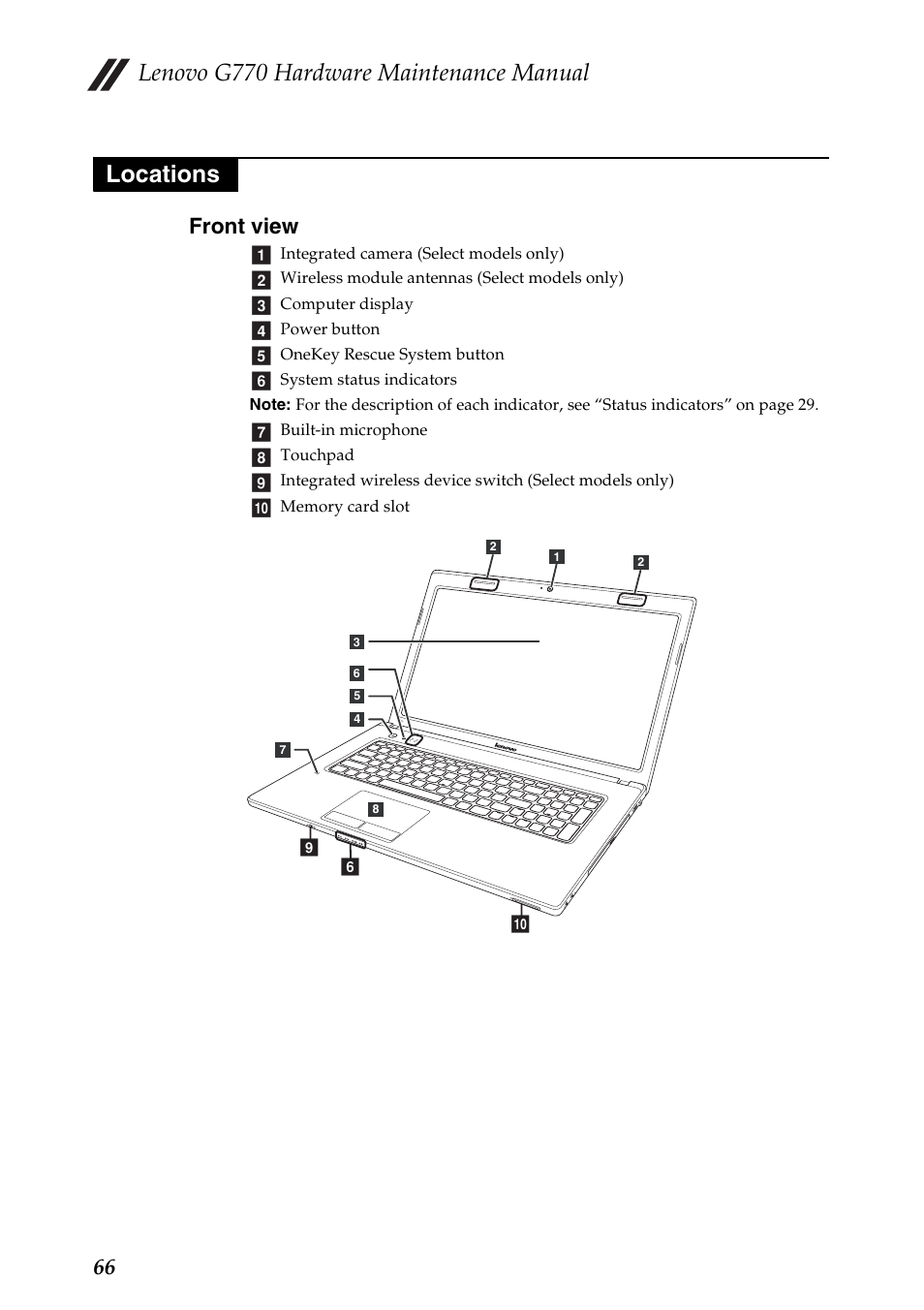 Locations, Front view, Lenovo g770 hardware maintenance manual | 66 front view | Lenovo G770 Notebook User Manual | Page 70 / 89