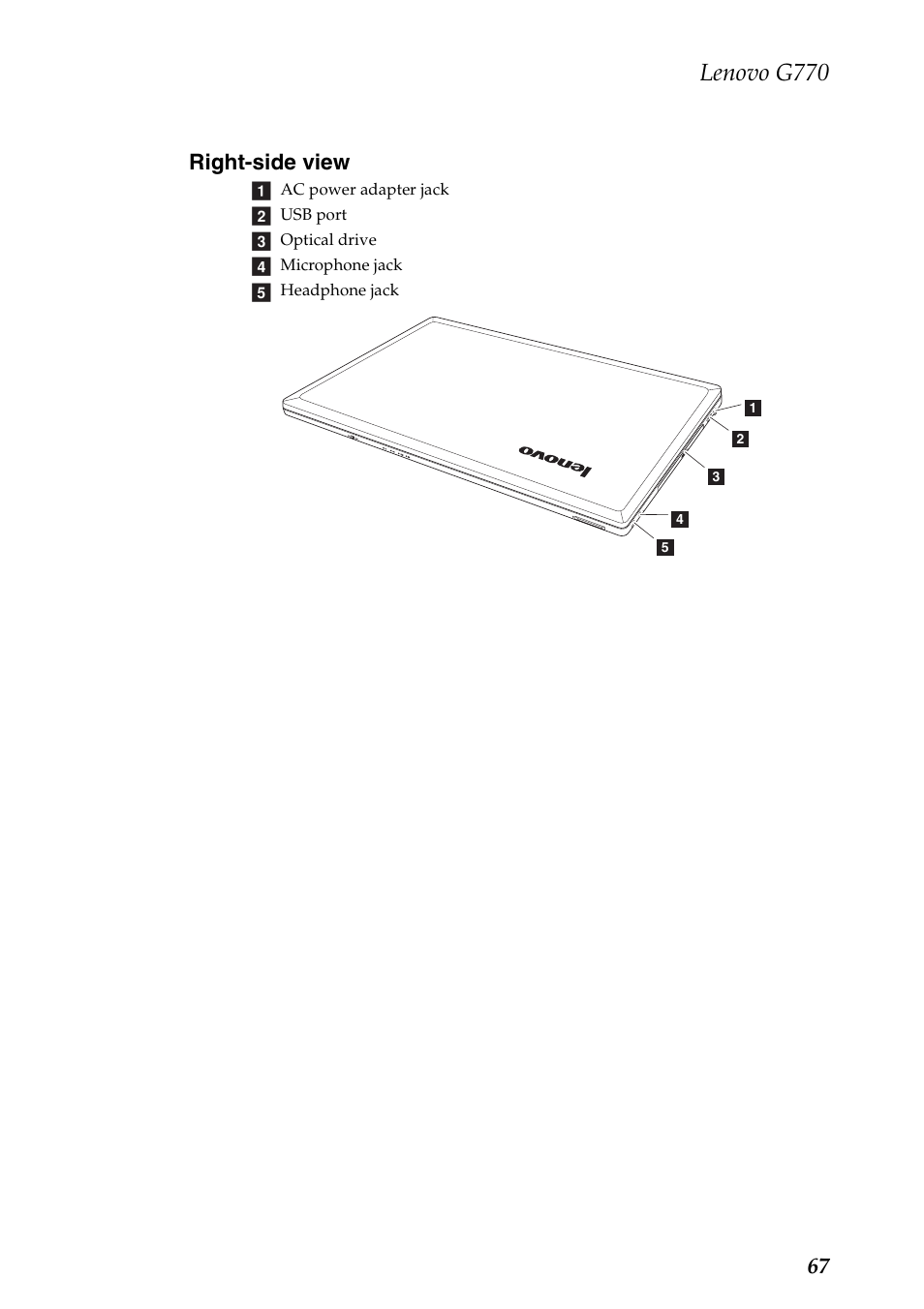 Right-side view, Lenovo g770, 67 right-side view | Lenovo G770 Notebook User Manual | Page 71 / 89