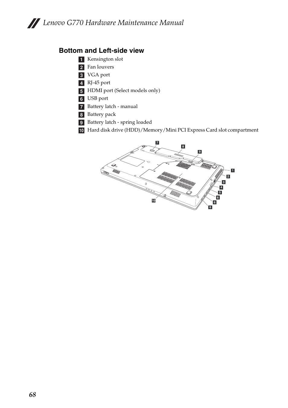 Bottom and left-side view, Lenovo g770 hardware maintenance manual, 68 bottom and left-side view | Lenovo G770 Notebook User Manual | Page 72 / 89
